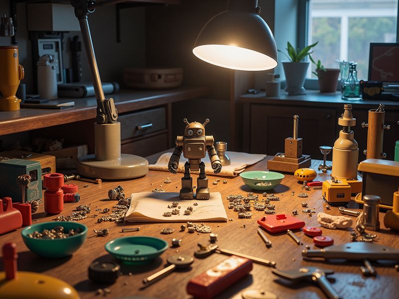 桌面机器人作品与创客工具摆放在工作台上
